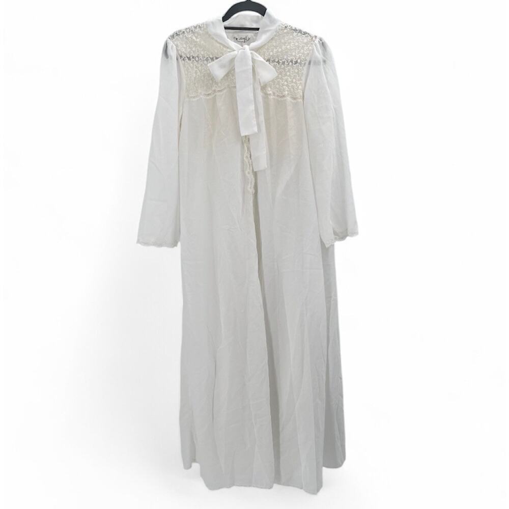 2 piece - Dior White Long Lace-Trim Robe with Bow Tie and Chemise